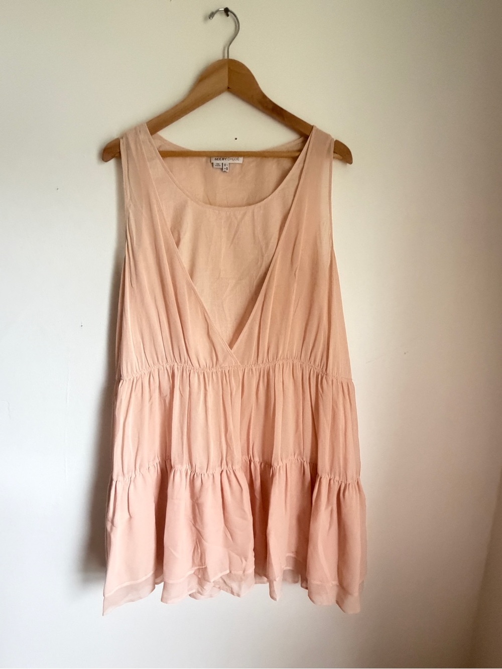 See By Chloe Blush Pink Silk Sleeveless V-Neck Tiered Tunic